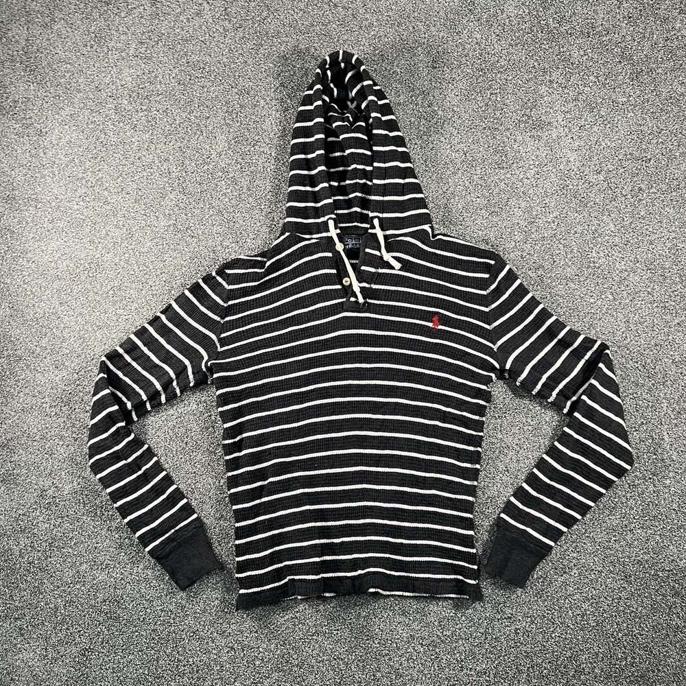 Polo Ralph Lauren Men’s Small Striped Waffle Knit Hooded Henley Shirt Black